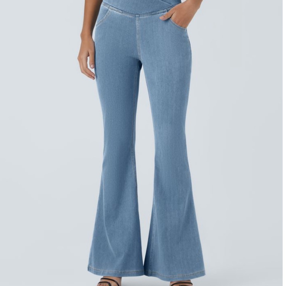 Halara Flex™ High Waisted Crossover Pocket Washed Denim Sunny Blue/M(petite)